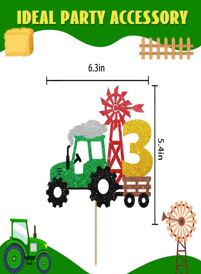 SUPERLUBY Tractor 3rd Birthday Cake Topper, Tractor Three Cake Topper for Boy, Farm Truck 3 Years Old Birthday Cake Decor, Farm Barnyard Themed 3rd Anniversary Party Decoration - Green Glitter - Image 2
